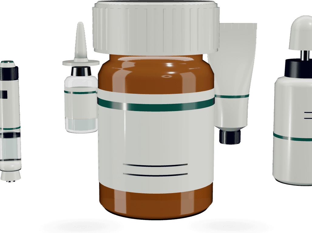 Injector pen, Rx bottle, pump bottle, topical tube and nasal spray, rendered